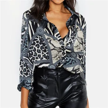 Damskie topy i bluzki Leopard Chain Print Vintage Chiffon Blouse Shirt Casual V-neck biurowa bluzka damska bluzki Blusas Plus Size