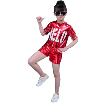 Dzieci dzień hip - hop jazz taneczne stroje szkoła scenie przedstawienie dla Dzieci sukienki dla dziewczynek błyszczące ubrania top spodnie zestaw