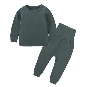 Dziecięce długie spodnie zestawy chłopców bawełna grube piżamy spodnie z wysokim stanem stałe Crewneck Tee Sleep Suit dla dzieci zimowe szlafroki