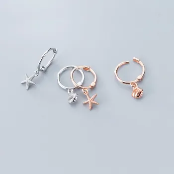 Dziewczyny 925 srebro próby asymetryczna mała umywalka morskiej gwiazdki różowe złoto kolor kolczyki obręcze piercing kolczyki dla kobiet