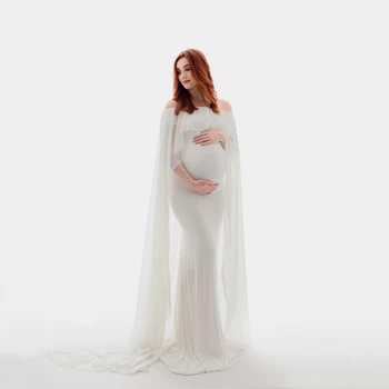 Długa szyfonowa macierzyństwa płaszcz sukienka Slash szyi ciąża szyfon płaszcz sukienka długi ogon Baby Shower sukienka uniwersalna sukienka
