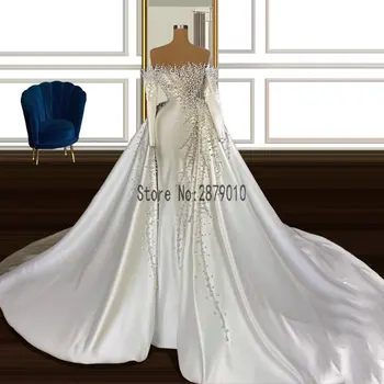 Długie rękawy Koronki suknie ślubne z wymiennym pociągiem satynowe suknie ślubne na zamówienie