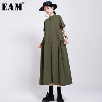 [EAM] kobiety army zielony плиссированное długa sukienka nowe stoisko kołnierz z krótkim rękawem luźny krój moda przypływ wiosna jesień 2021 1X937