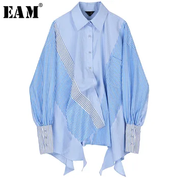 [EAM] kobiety w paski Сплайсированные duży rozmiar asymetryczna bluzka nowy płaszcz z długim rękawem luźny krój koszula moda wiosna jesień 2021 JZ687