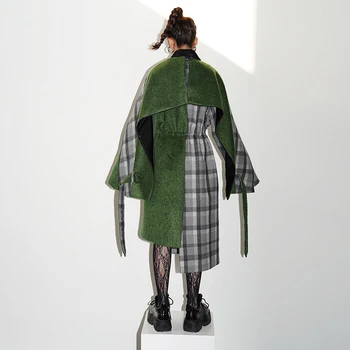 [EAM] luźny krój zielony pled Split duży rozmiar grube wełniane płaszcze, parki, nowy długi rękaw damska moda przypływ wiosna jesień 2021 1N313