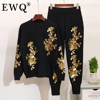 [EWQ] 2020 wiosna jesień zestaw z dwóch części okrągły kołnierz z długim rękawem elastyczna haft liście sweter, długie spodnie garnitur moda OE300