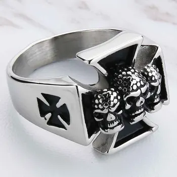 EdgLifU męskie punk-rock biżuteria nowe trzy czaszki krzyż Żelazny pierścień dla mężczyzn ze stali nierdzewnej srebrny czarny punk czaszka pierścień biżuteria