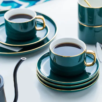Edo europejski styl luksusowy filiżanka do kawy zestaw filiżanka zwykłej herbaty kubek ceramiczny z łyżeczką kubek latte ciemno-zielony
