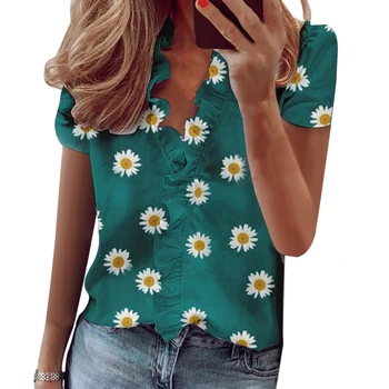 Elegancki Daisy ananas druku żabotem bluzka koszula biuro Lady 2020 lato z krótkim rękawem bluzki kobiety sexy dekolt bluzki nowy