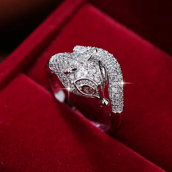 Elegancki Damski Biały Kryształ Kamień Pierścień Elegancki Srebrny Kolor Zwierząt Obrączki Dla Modnych Ślubnych Cyrkon Fox Pierścionek Zaręczynowy
