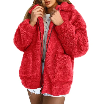 Elegancki płaszcz ze sztucznego futra dla kobiet 2018 jesień zima gruba, ciepła, miękka, polarowa kurtka zapinana na zamek kieszeń kurtki płaszcz Miś Teddy płaszcz