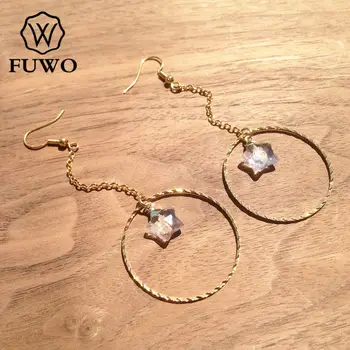 FUWO Gold Circle Rock Crystal kolczyki 24K Gold galwaniczny mosiężny krąg z gwiaździstej formą kwarcowy kolczyki zwisają biżuteria ER007