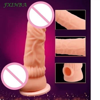 FXINBA 16/18.5 cm przedłużka penisa sex zabawki dla mężczyzn wielokrotnego użytku prezerwatywy wzrost członka realistyczny przedłużenie członka opóźnienie wytrysku