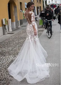 Fantastyczny tiul 3D koronki aplikacja See Through Syrena suknie ślubne z długimi rękawami sukni ślubnej vestidos de novia sencillos