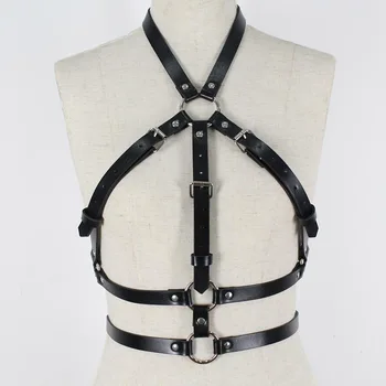 Fashionuon Body Harness For Women Gothic Black Leather Bra Uprząż Więzów Sexy Lingerie Cage Bra lapel pasy pas na szelki