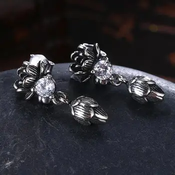GOMAYA kwiat kolczyki-krople czarny 925 srebro moda Cyrkon osobowości rocznika kolczyki dla kobiet obrączki prezent