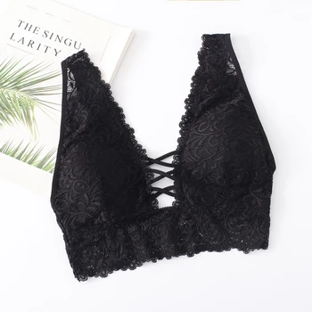 Gkfnm Sexy Women Crop Top Lace Hollow Out Bras Brassiere Hollow Out Lace Bralette Lingerie Cami Crop Top granatowy stanik czarny