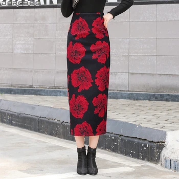 Gorąca 2019 Moda Bodycon Spódnica Ołówek Jesień Zima Wełniana Falda Mujer Duży Czerwony Print Kwiatowy Spódnice Wysoka Talia, Długie Biurowe Saias