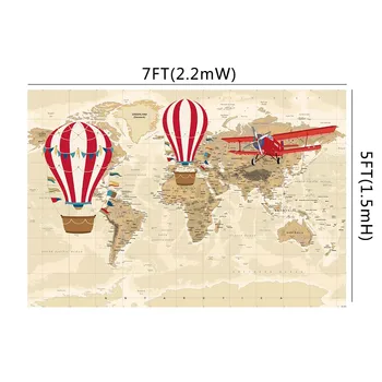 HUAYI Baby Shower background Hot Air Balloon Vintage Samolot Decoration Photography World Map Adventure Baby Shower Prop W-2074