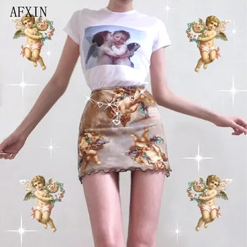 Harajuku Angel Cupid Print Skirt Kawaii Summer Skirt Mesh Patchwork Podwójna Warstwa Cute Saia Women Elastyczna Spódnica Ołówek Z Wysokim Stanem