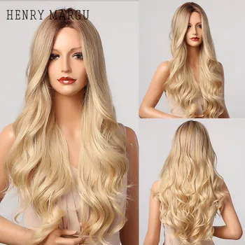Henry МарГУ długa fala blond brązowy ombre peruki syntetyczne, naturalne peruki dla kobiet cosplay wysoka temperatura codzienne peruki