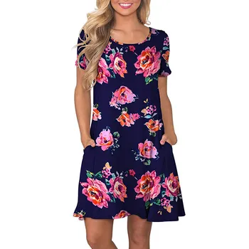 Home&Nest Fashion Odzież kwiatowy drukowane kieszenie z krótkim rękawem mini sukienka dorywczo sukienka z okrągłym dekoltem sukienki damskie lato Nowy