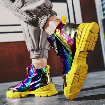 Hot moda błyszczące kolorowe hip-hop Męskie buty codzienne buty do biegania Wysoki Wierch zamek buty mężczyźni metaliczny połysk grube слипоны buty do biegania mężczyźni