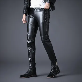 Idopy Męskie spodnie ze sztucznej skóry czarny motocykl rowerzysta boczne guziki fajne PU spodnie dla mężczyzn