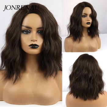 JONRENAU ciemno-brązowy wysokiej jakości krótkie naturalne, falowane włosy syntetyczne peruki z boku grzywką dla kobiet 3 kolory do wyboru