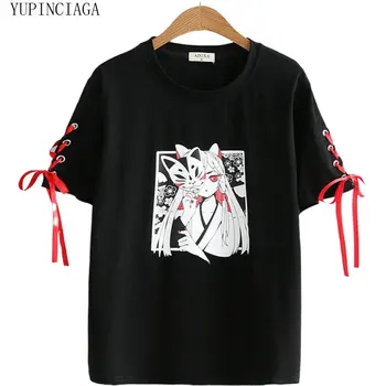 Japoński styl słodki kreskówka maska dziewczyna O-neck z długim rękawem koronkowa koszulka Harajuku bawełna t-shirt 2020 lato luźne topy tee
