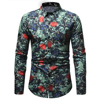 Jesienna moda koszula męska Slim Fit casual męskie koszule wysokiej jakości Róża drukowania z długim rękawem męska koszula społeczna
