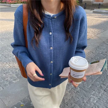 Jesień i zima koreański sweter O-neck jednolity kolor z długim rękawem sweter krótki darmo pełna sweter z dzianiny kurtka kobiety
