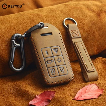 KEYYOU skóra naturalna pokrowiec do kluczy Brelok 6 przycisk Keyless Entry Smart Remote pilot do Volvo S60 S80, V60 XC60 XC70 S60L V40