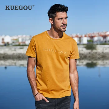 KUEGOU męska koszulka z krótkim rękawem moda litery haftowane koszulki lato bawełna t-shirt mężczyźni top plus rozmiar BT-21639