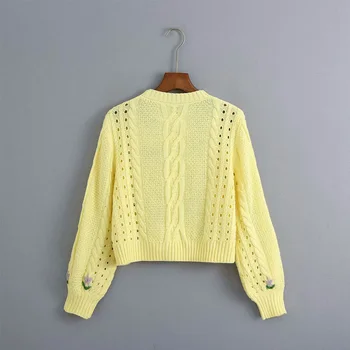 KUMSVAG 2020 Four seasons damskie żółte krótkie swetry z długim rękawem O-neck haft hollow kobiet Luźne Swetry sweter