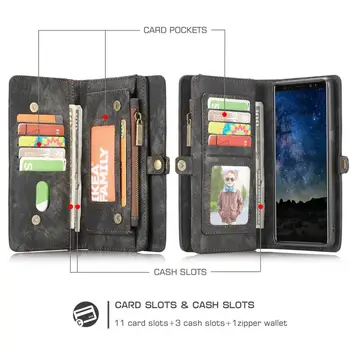 Klapki skórzane etui dla Galaxy Note9 Wielofunkcyjny z gniazdem kart i uchwytem i zamknięciem na zamek błyskawiczny portfel i zdejmowana ramka pozioma