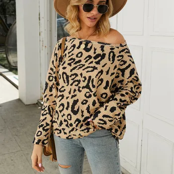 Kobiety Panie Leopard Print Z Długim Rękawem Casual Topy Jesień Zima Ciepły Sweter Bluza Bluzka Sweter
