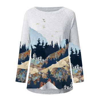 Kobiety casual, styl retro Mountain Tree Print sweter wypoczynek z długim rękawem O-neck t-shirt bluzka top
