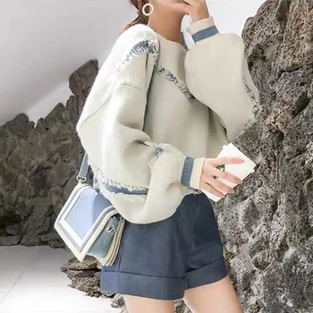 Kobiety koreański styl sweter i swetry O neck pędzelkiem litery drukowane ciągnąć bluzy z długim rękawem meble odzież dzianiny ciągnąć