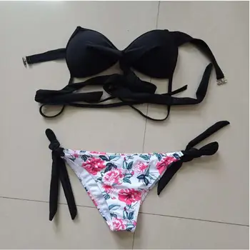 Kobiety patchwork sexy bikini z niskiej talii kąpiel stroje kąpielowe push up krzyż opaska Halter druku strój kąpielowy bikini zestaw