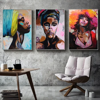 Kolorowe Afryki kręcone włosy kobiety streszczenie dziewczyna płótno Malarstwo, plakaty i reprodukcje ścienne sztuka obraz do salonu wystrój Куадрос