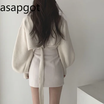 Koreański elegancki dekolt V-neck temu zasznurować nieregularne lampa rękaw sweter z dzianiny Wysokiej Talii torba hip spódnica damska moda casual