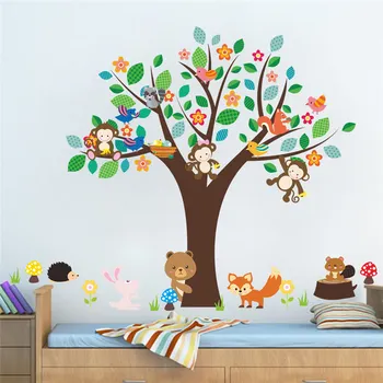 Kreskówki zwierzęta kwiatów drzewa ścienne naklejki do przedszkola dziecięcy pokój wystrój domu Królik Lis monkey safari ściany artystyczna naklejka