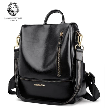 LAORENTOU Women Rucksack Student Backpack Solid Female Fashion Women Split Leather School Bag Lady Plecaki for Teenage Girls