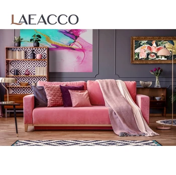 Laeacco Stary Salon Elegancka Ściana Pink Sofa, Drewniana Podłoga Wnętrze Fotograficzne Tło Fotograficzne Tła Photocall Studio Fotograficzne