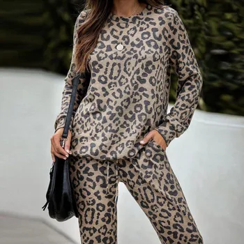 Leopard Print Zestaw 2 Sztuk Domowy Strój Jesień Zima Top Z Długim Rękawem I Spodnie Spodnie Lounge Wear Casual Odzież Damska, Odzież