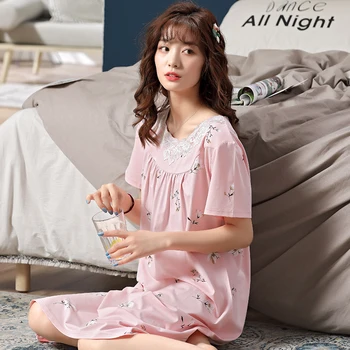 Letnie Damskie Koszulki Nocne Koreańskie Ładne Nocne Sukienka Kobiety Bawełniane Piżamy 2021 Moda Bielizna Nocna Drukowane Różowe Sukienki Spania