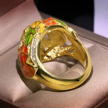 Luksusowe liści zielony żółty pierścień dla kobiet złoty kolor vintage liście jubileuszowy prezent eleganckie pierścionki na palce biżuteria O4T411