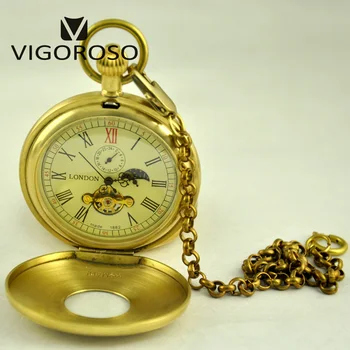 Luksusowe miedź antyczna faza Księżyca Tourbillion podwójny myśliwy mechaniczne zegarek ręczny wiatr wisiorek zegarek Zegarki męskie Prezenty