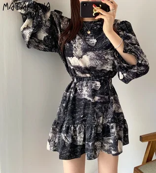 MATAKAWA elegancki atrament do drukowania krótkie sukienki okrągły dekolt Wysoka Talia lampa rękaw Femme szlafrok koreański wzburzyć Vestido Feminino